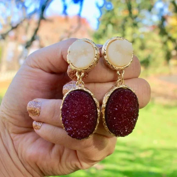 Anthropologie Druzy Wine Teardrop Dangle Earrings - Picture 3 of 12